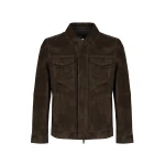 Yves Salomon Suede Calfskin Trucker Jacket in Dark Brown | Men Jackets | Coveti