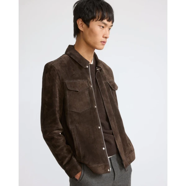 Yves Salomon Suede Calfskin Trucker Jacket in Dark Brown | Men's Jackets | Coveti