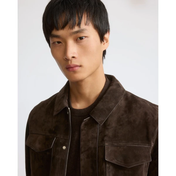 Yves Salomon Suede Calfskin Trucker Jacket in Dark Brown | Men's Jackets | Coveti