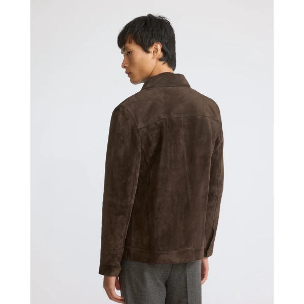 Yves Salomon Suede Calfskin Trucker Jacket in Dark Brown | Men's Jackets | Coveti