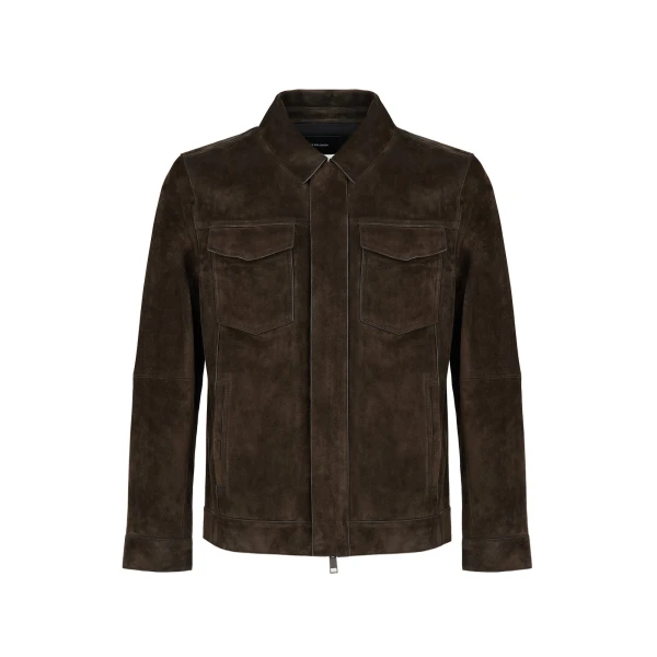 Yves Salomon Suede Calfskin Trucker Jacket in Dark Brown | Men Jackets | Coveti