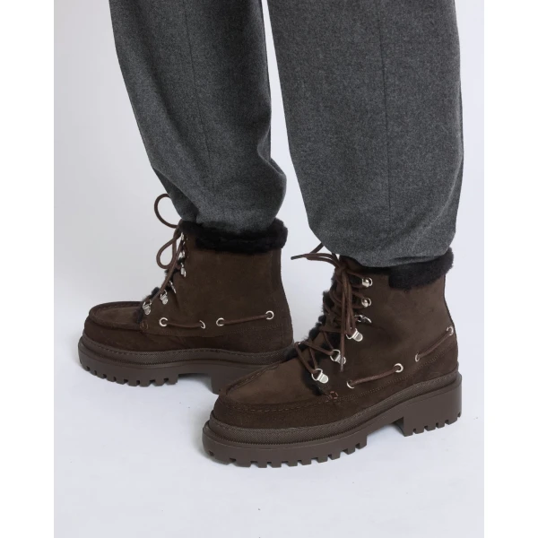 Yves Salomon Suede Leather and Brushed Merinillo Lambskin Ankle Boots in Brown | Boots | Coveti