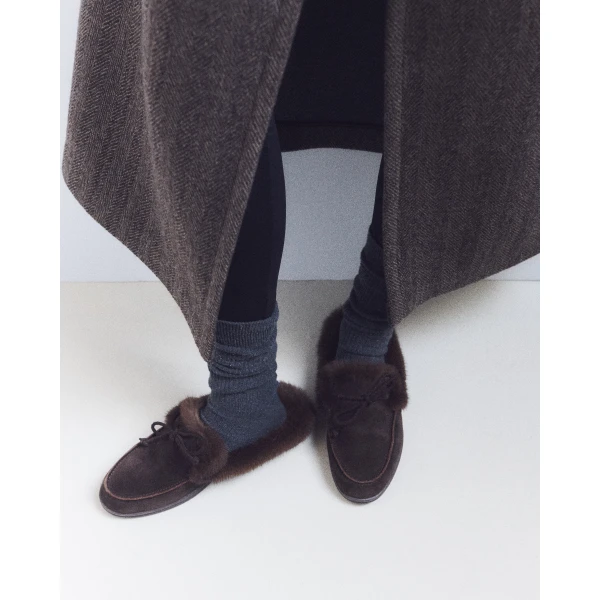 Yves Salomon Suede Leather and Mink Fur Mules in Brown | Mules | Coveti