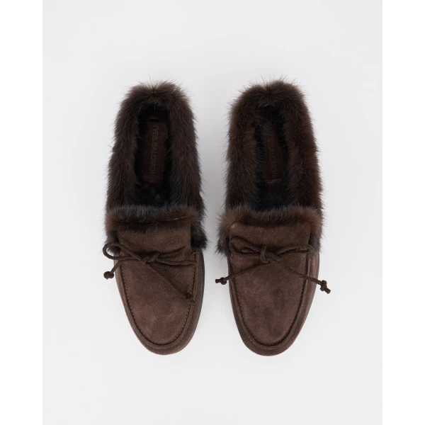 Yves Salomon Suede Leather and Mink Fur Mules in Brown | Mules | Coveti