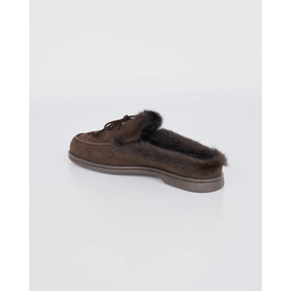 Yves Salomon Suede Leather and Mink Fur Mules in Brown | Mules | Coveti