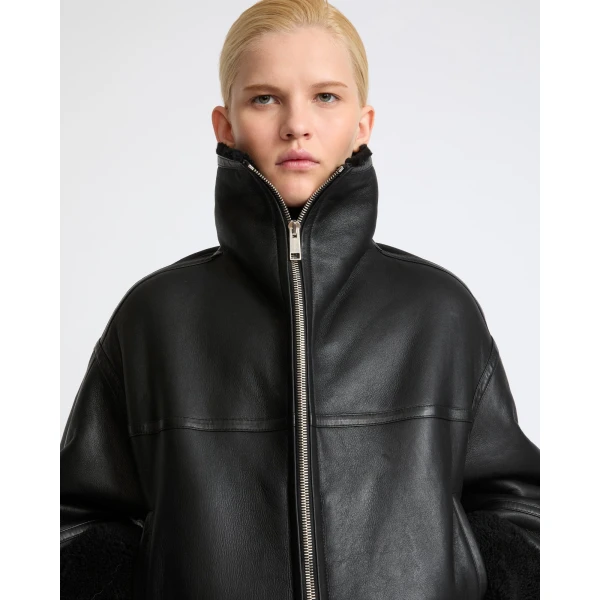 Yves Salomon Suede Merino Lambskin Cropped Jacket in Black | Shearling Jackets | Coveti