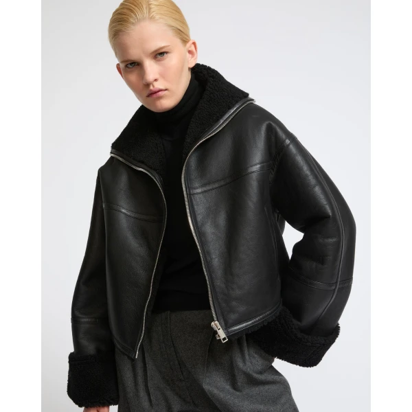 Yves Salomon Suede Merino Lambskin Cropped Jacket in Black | Shearling Jackets | Coveti