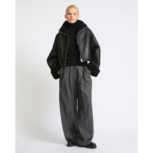 Yves Salomon Suede Merino Lambskin Cropped Jacket in Black | Shearling Jackets | Coveti