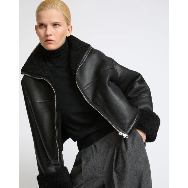 Yves Salomon Suede Merino Lambskin Cropped Jacket in Black | Shearling Jackets | Coveti