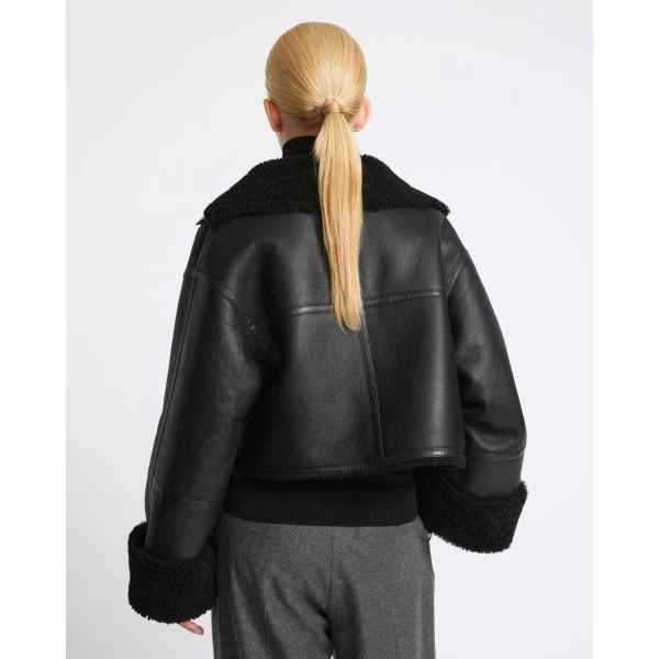Yves Salomon Suede Merino Lambskin Cropped Jacket in Black | Shearling Jackets | Coveti