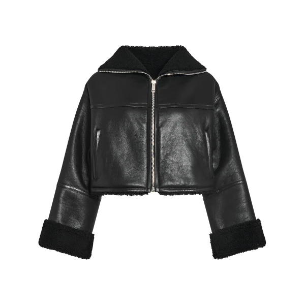 Suede Merino Lambskin Cropped Jacket in Black
