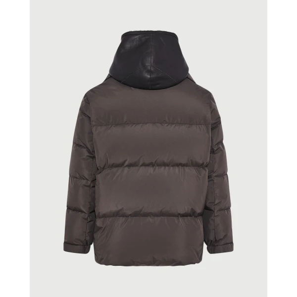 Yves Salomon Technical Down Jacket with Removable Shearling Bib in Dark Brown | Men's Jackets | Coveti