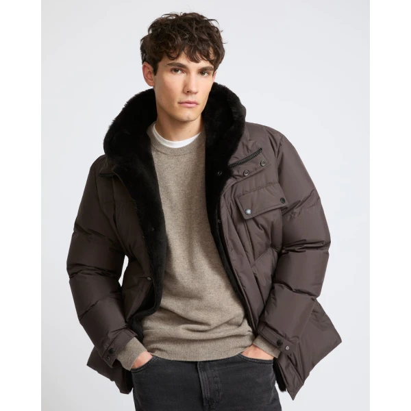 Yves Salomon Technical Down Jacket with Removable Shearling Bib in Dark Brown | Men's Jackets | Coveti