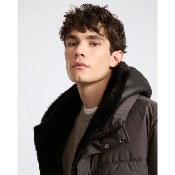 Yves Salomon Technical Down Jacket with Removable Shearling Bib in Dark Brown | Men's Jackets | Coveti