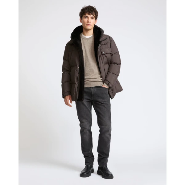 Yves Salomon Technical Down Jacket with Removable Shearling Bib in Dark Brown | Men's Jackets | Coveti