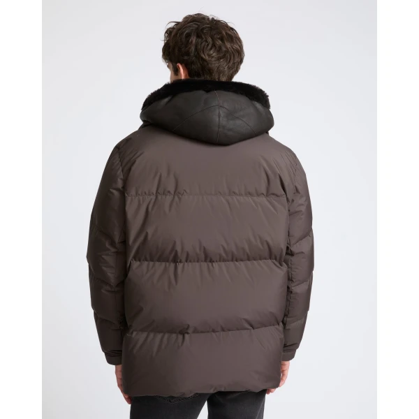 Yves Salomon Technical Down Jacket with Removable Shearling Bib in Dark Brown | Men's Jackets | Coveti
