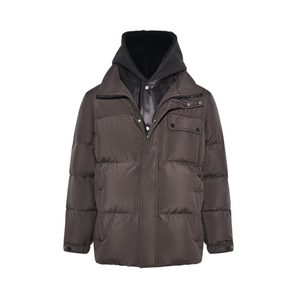 Technical Down Jacket with Removable Shearling Bib in Dark Brown