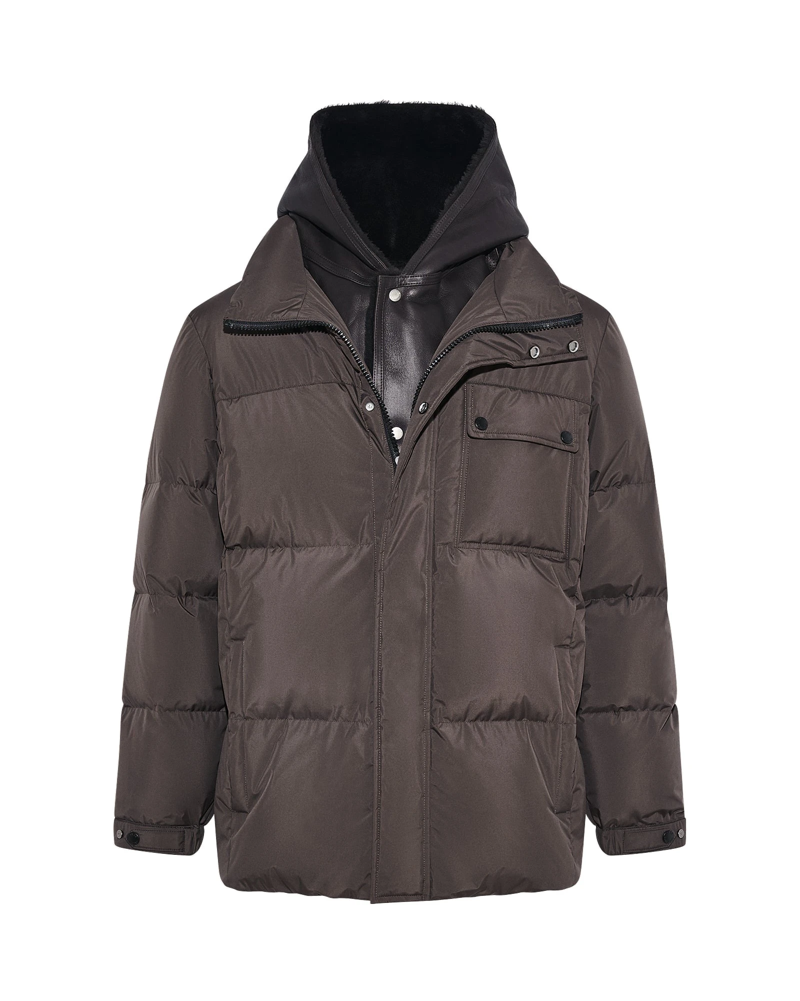 Yves Salomon Technical Down Jacket with Removable Shearling Bib in Dark Brown Yves Salomon Technical Down Jacket with Removable Shearling Bib in Dark Brown | Men Jackets | Coveti