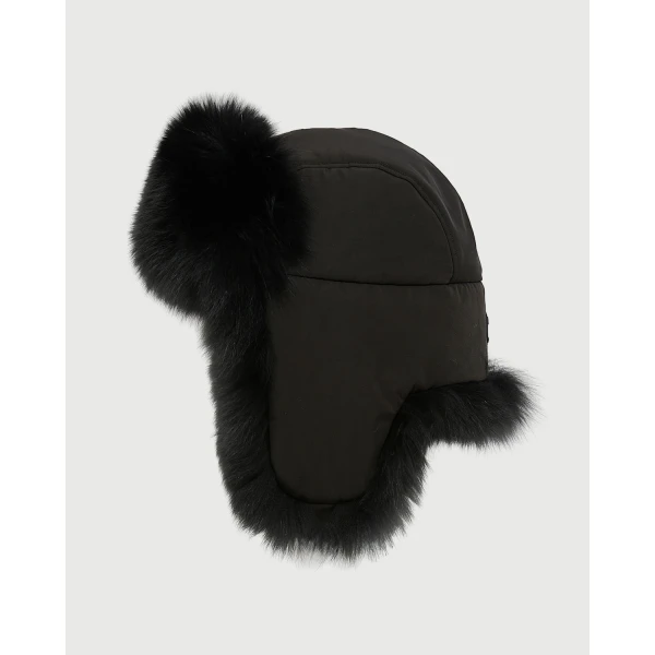 Yves Salomon Technical Fabric Ushanka with Fox Fur in Black | Hats | Coveti