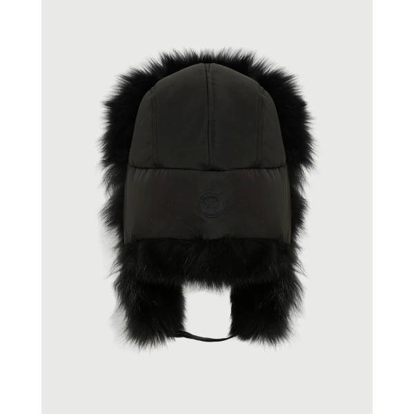 Yves Salomon Technical Fabric Ushanka with Fox Fur in Black | Hats | Coveti