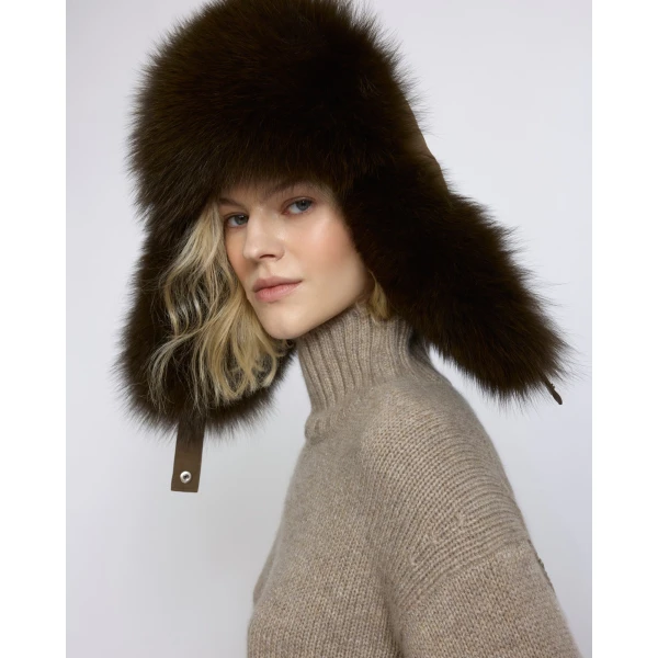 Yves Salomon Technical Fabric Ushanka with Fox Fur in Brown | Hats | Coveti