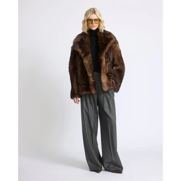 Yves Salomon Toscana Lambskin Shearling Pea Coat in Dark Brown | Shearling Coat | Coveti