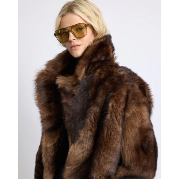 Yves Salomon Toscana Lambskin Shearling Pea Coat in Dark Brown | Shearling Coat | Coveti