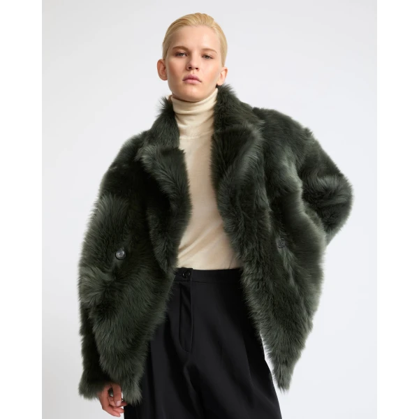 Yves Salomon Toscana Lambskin Shearling Pea Coat in Dark Green | Shearling Coat | Coveti