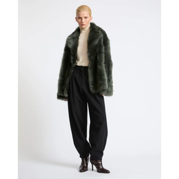 Yves Salomon Toscana Lambskin Shearling Pea Coat in Dark Green | Shearling Coat | Coveti
