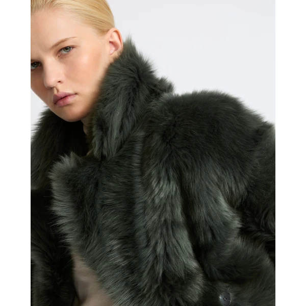 Yves Salomon Toscana Lambskin Shearling Pea Coat in Dark Green | Shearling Coat | Coveti