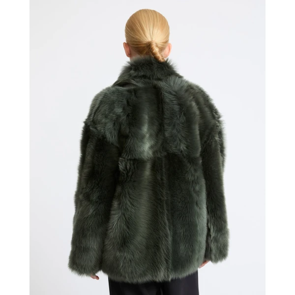 Yves Salomon Toscana Lambskin Shearling Pea Coat in Dark Green | Shearling Coat | Coveti