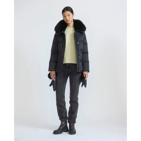Yves Salomon Waterproof Down Jacket with Mittens and Fox Fur Trim in Black | Coats | Coveti
