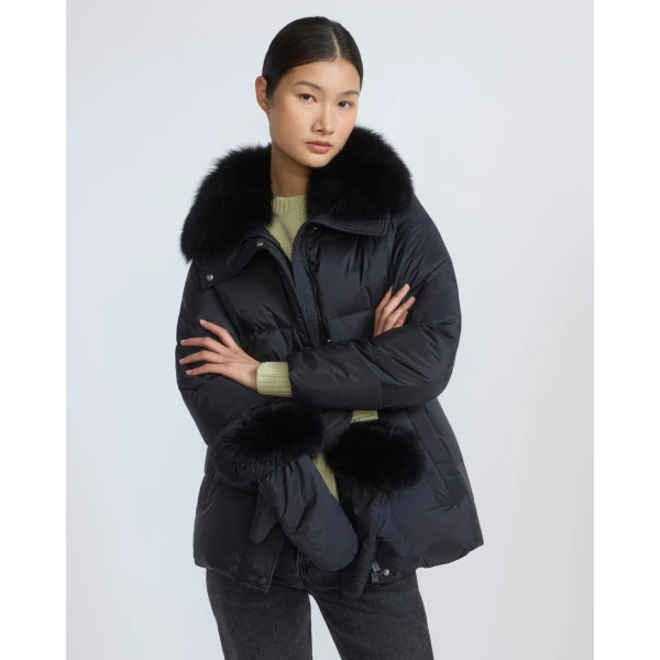 Yves Salomon Waterproof Down Jacket with Mittens and Fox Fur Trim in Black | Coats | Coveti