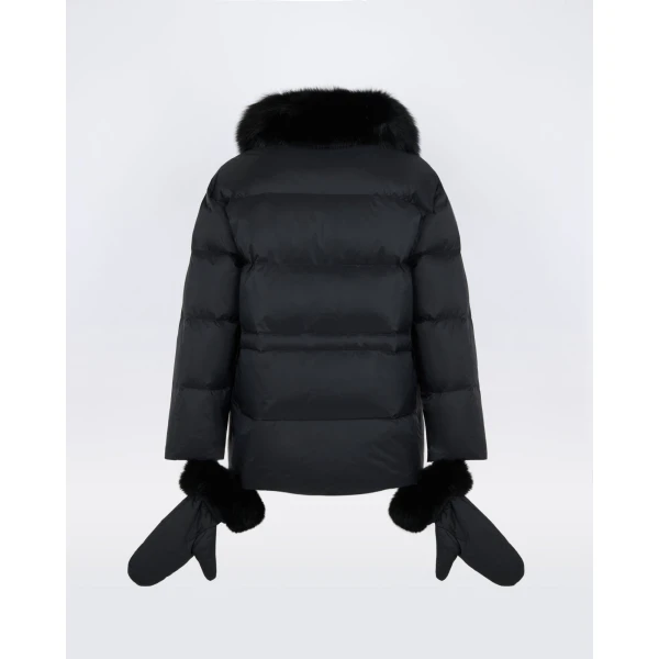 Yves Salomon Waterproof Down Jacket with Mittens and Fox Fur Trim in Black | Coats | Coveti