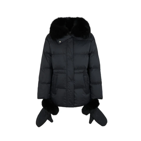 Yves Salomon Waterproof Down Jacket with Mittens and Fox Fur Trim in Black | Coats | Coveti