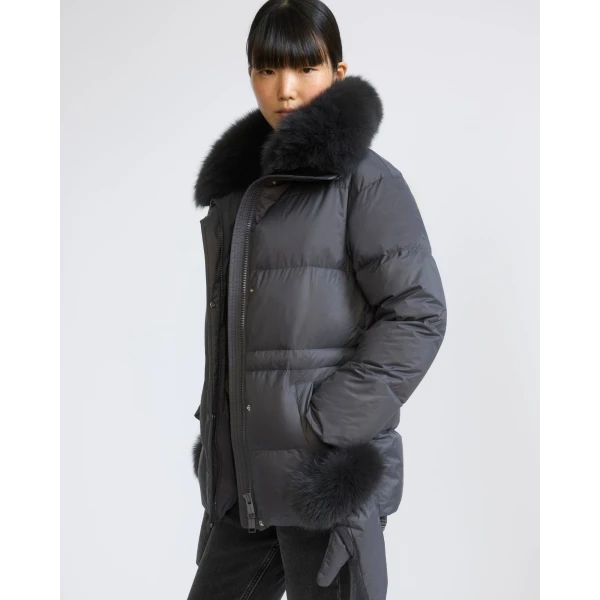 Yves Salomon Waterproof Down Jacket with Mittens and Fox Fur Trim in Charcoal | Coats | Coveti
