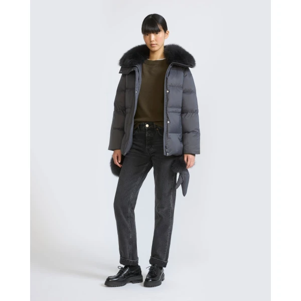 Yves Salomon Waterproof Down Jacket with Mittens and Fox Fur Trim in Charcoal | Coats | Coveti