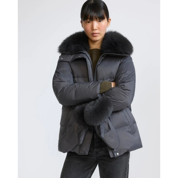 Yves Salomon Waterproof Down Jacket with Mittens and Fox Fur Trim in Charcoal | Coats | Coveti