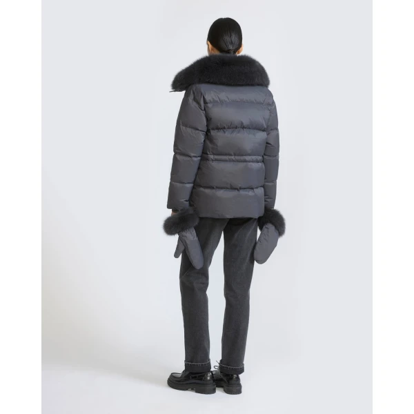 Yves Salomon Waterproof Down Jacket with Mittens and Fox Fur Trim in Charcoal | Coats | Coveti