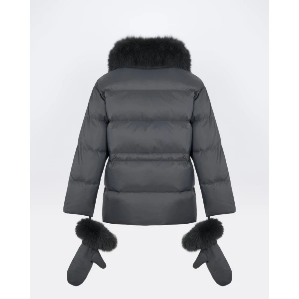 Yves Salomon Waterproof Down Jacket with Mittens and Fox Fur Trim in Charcoal | Coats | Coveti