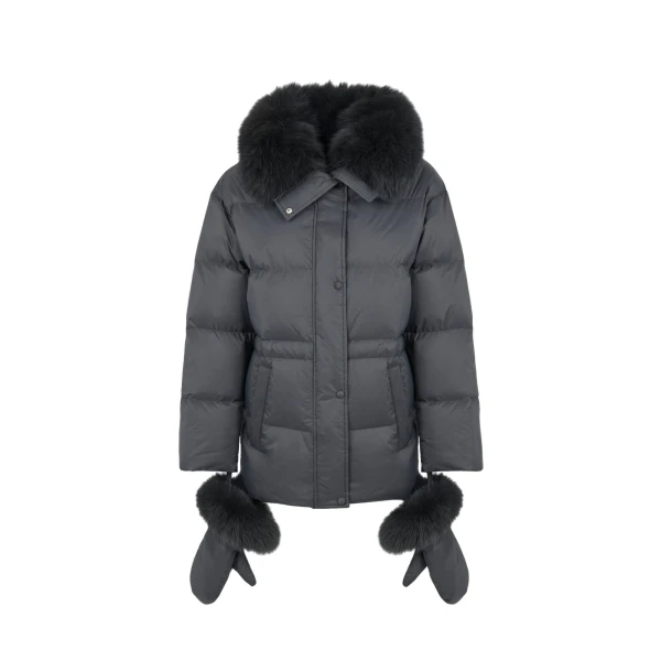 Yves Salomon Waterproof Down Jacket with Mittens and Fox Fur Trim in Charcoal | Coats | Coveti
