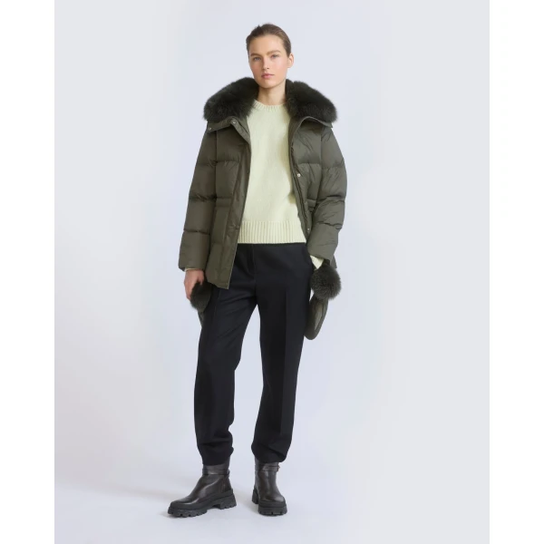 Yves Salomon Waterproof Down Jacket with Mittens and Fox Fur Trim in Khaki | Coats | Coveti