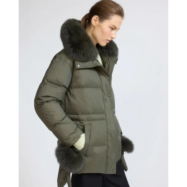 Yves Salomon Waterproof Down Jacket with Mittens and Fox Fur Trim in Khaki | Coats | Coveti