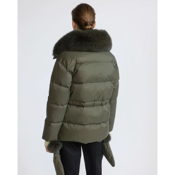 Yves Salomon Waterproof Down Jacket with Mittens and Fox Fur Trim in Khaki | Coats | Coveti