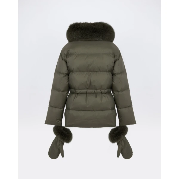 Yves Salomon Waterproof Down Jacket with Mittens and Fox Fur Trim in Khaki | Coats | Coveti