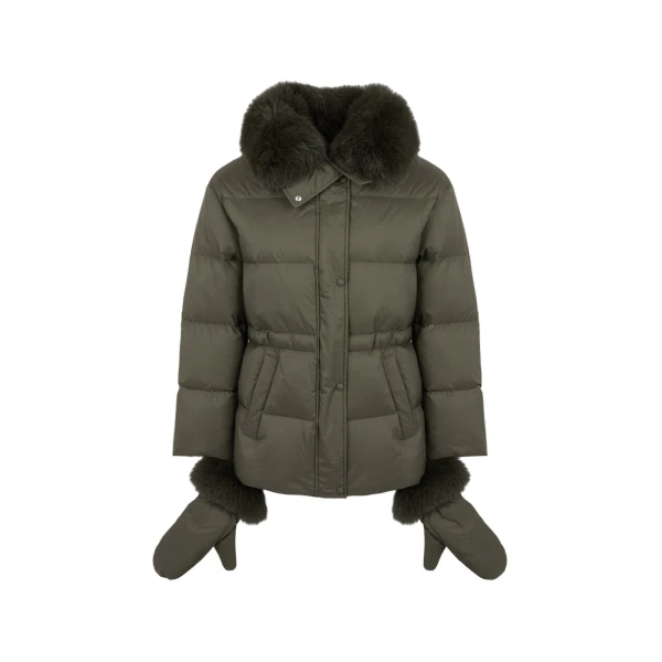 Yves Salomon Waterproof Down Jacket with Mittens and Fox Fur Trim in Khaki | Coats | Coveti