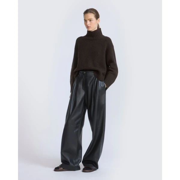 Yves Salomon Wide Lambskin Leather Trousers in Black | Wide leg pants | Coveti
