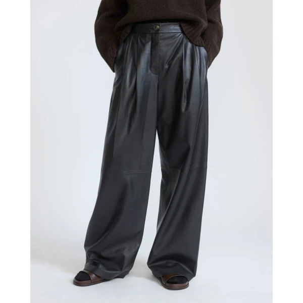 Yves Salomon Wide Lambskin Leather Trousers in Black | Wide leg pants | Coveti