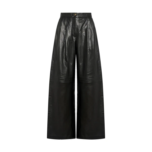 Wide Lambskin Leather Trousers in Black