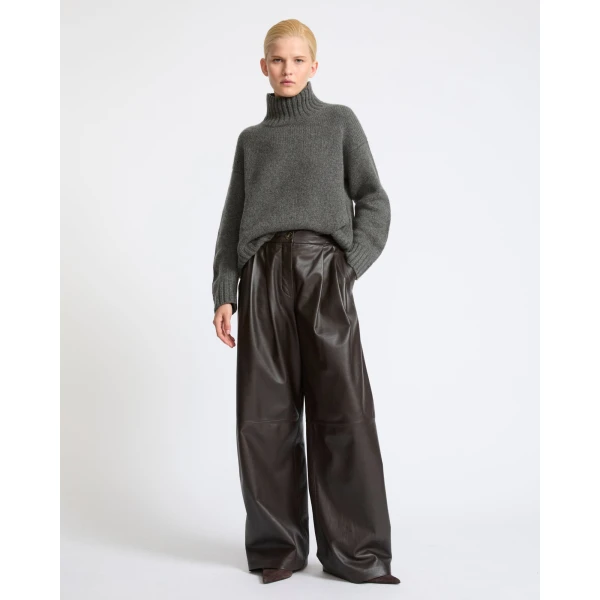 Yves Salomon Wide Lambskin Leather Trousers in Brown | Wide leg pants | Coveti